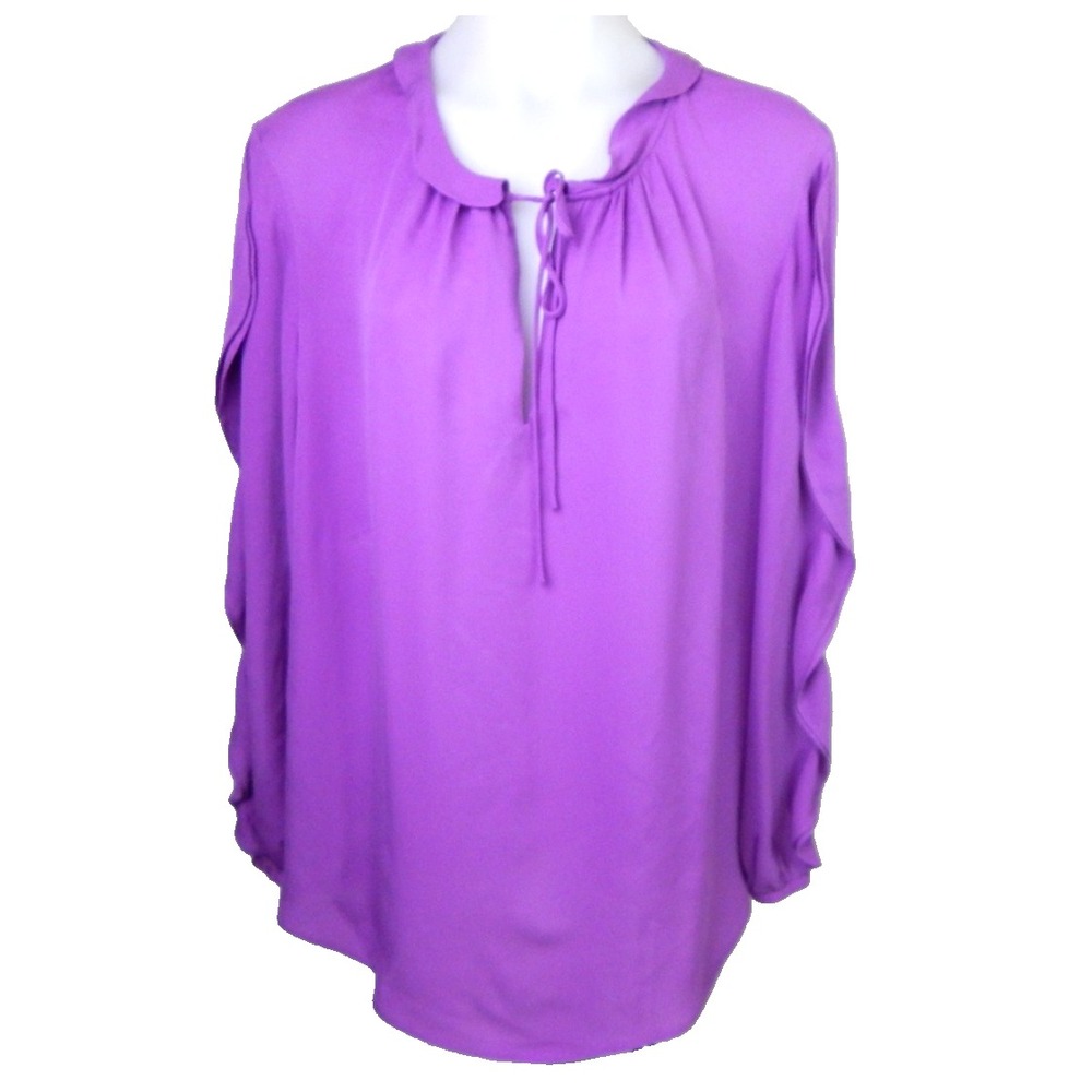 St John Blouse 100% Silk Tie Neck Ruffle Long Sleeve Purple Flowy